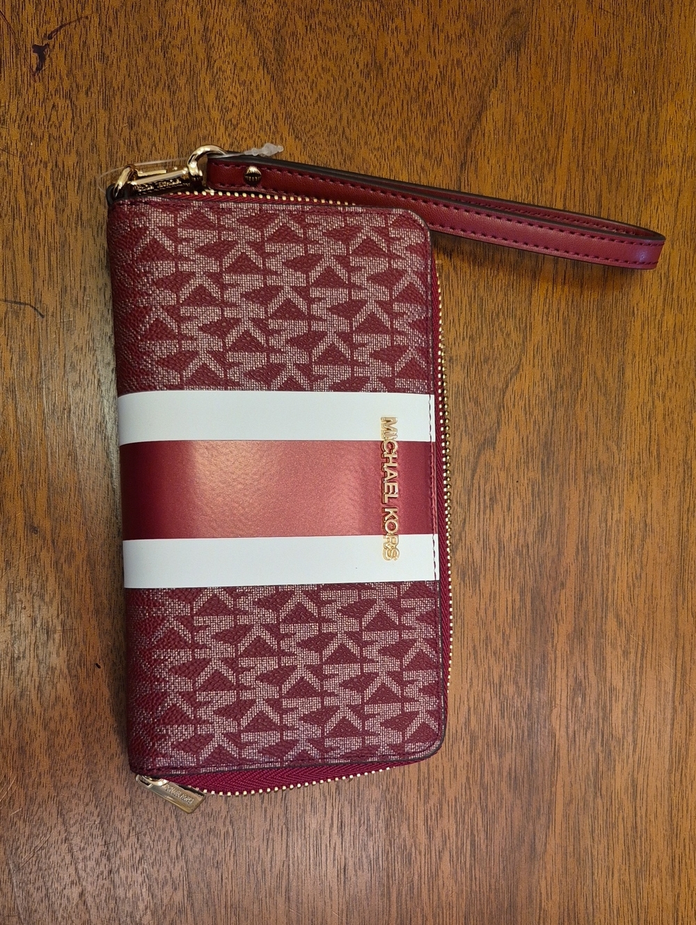 Michael Kors Burgundy and White Signature Stripe Wristlet